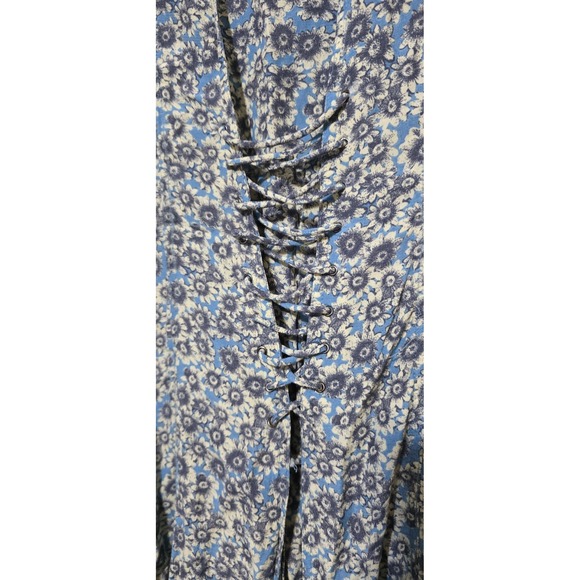 Free People Blue Floral Print Sun Dress Laced Up Mini Sleeves Back M Boho Fairy - Picture 10 of 14